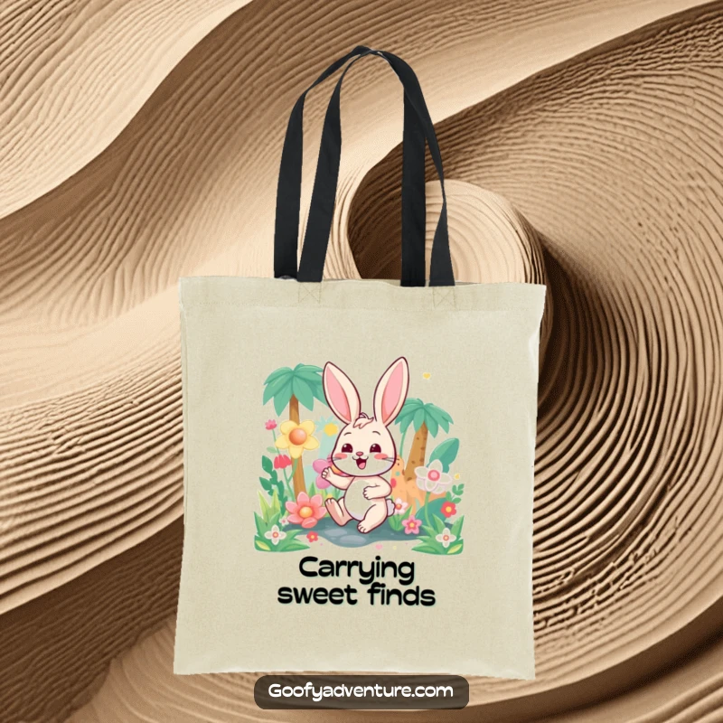 Funny happy bunny character navigating a fantastical candy jungle, designed on a practical tote bag for sweet adventures.