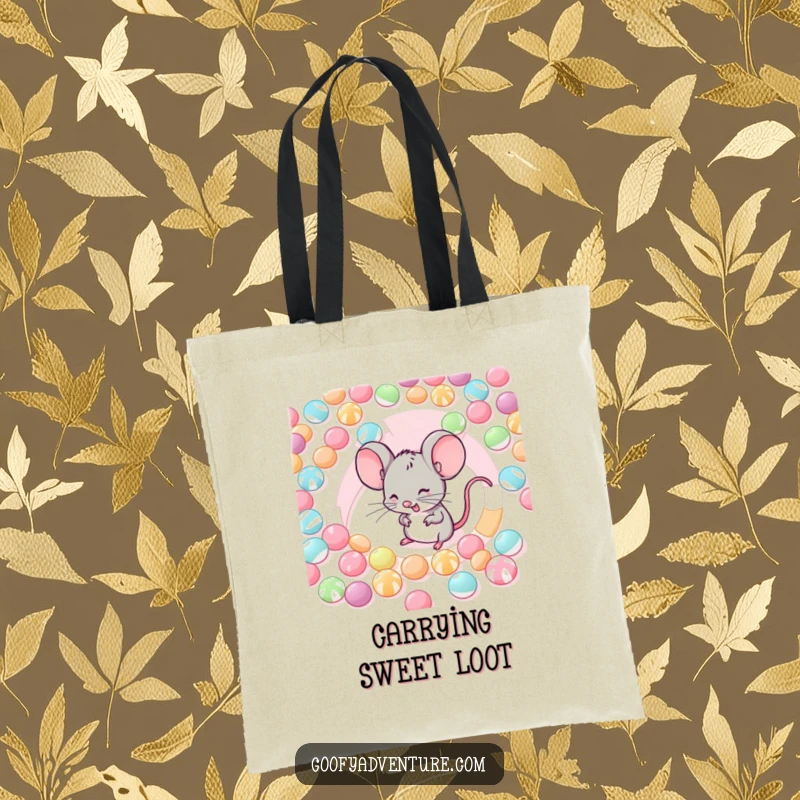 Funny tote bag with a happy mouse navigating through a candy maze, symbolizing a delightful sweet journey.
