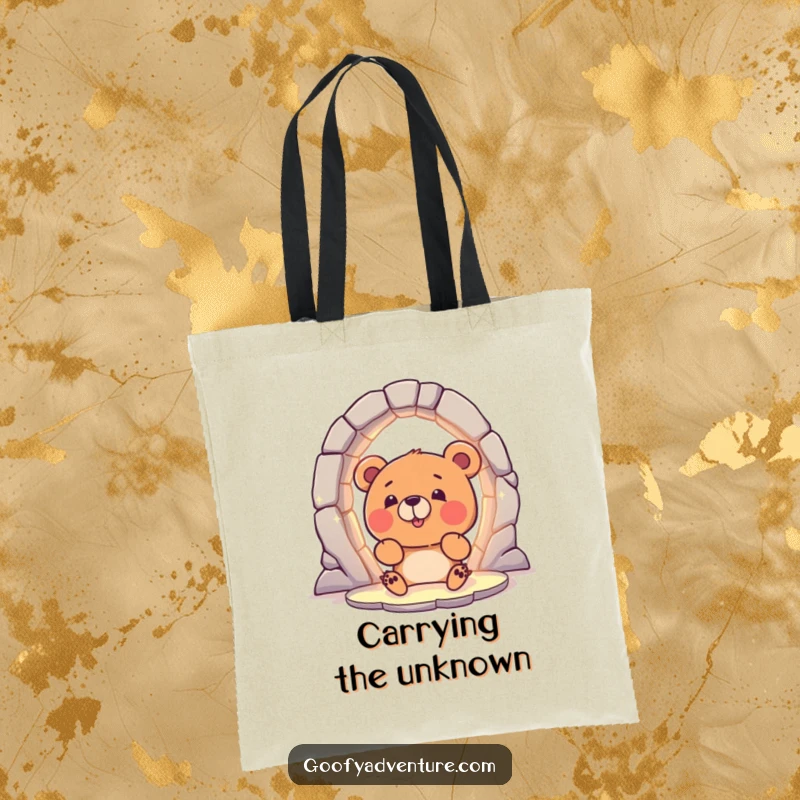 Funny Bear Tote Bag: A curious bear character excitedly peering into a magical, glowing portal, ready for everyday adventures.