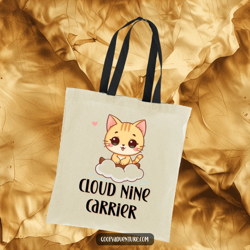 Funny cat character sailing on a cloud boat on a durable tote bag, ideal for carrying treasures, funny gift.