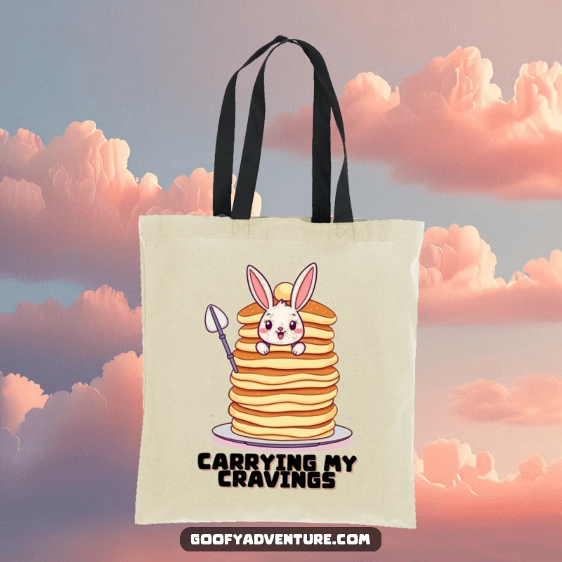 Funny Bunny tote bag, bravely scaling a colossal, wobbly stack of pancakes, stylish and whimsical accessory.