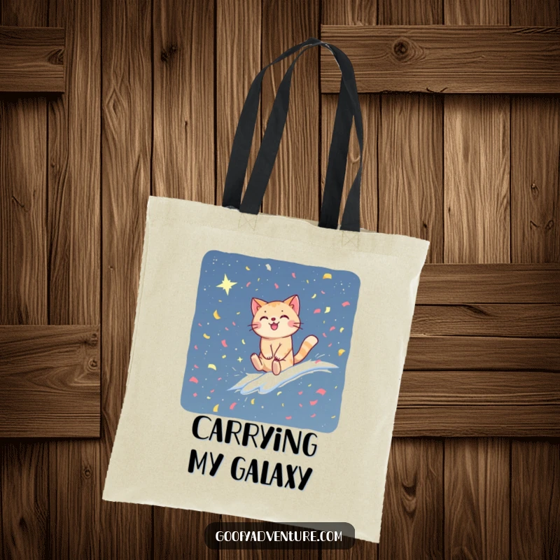 Funny cat tote bag featuring a happy cat riding a lively confetti wave towards a mesmerizing starry sky. A whimsical and practical accessory.