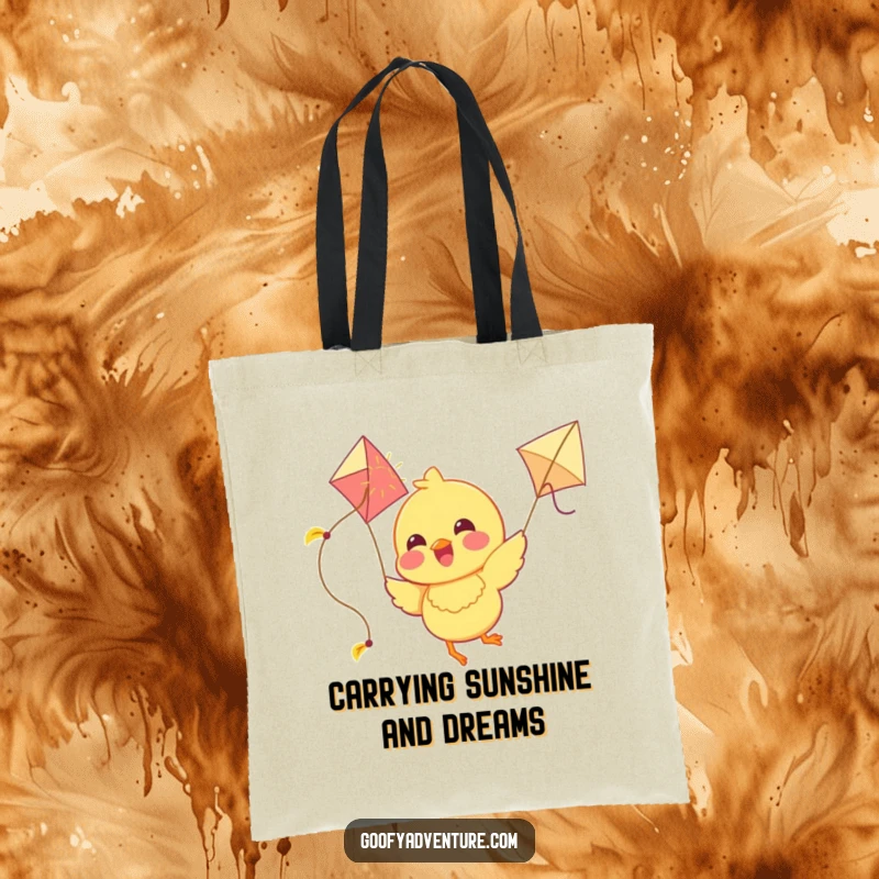Funny Chick Tote Bag: A joyous chick flies with a kite made of sunshine, a cheerful and practical accessory for carrying happiness.