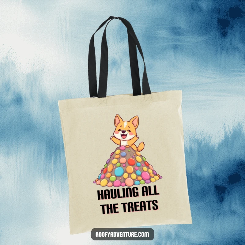 Funny tote bag with an excited dog character scaling a vibrant, multi-colored mountain made of various sweets and candies.
