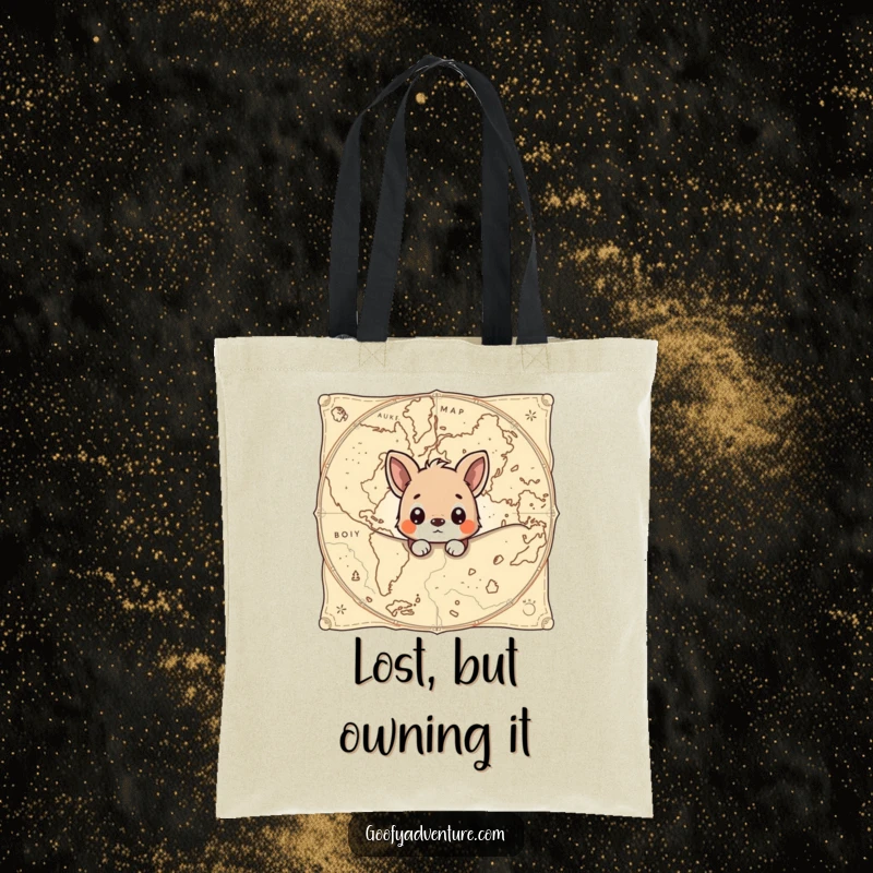 Funny tote bag with a curious animal peeking from behind an ancient, oversized map, perfect for carrying your adventuring gear.