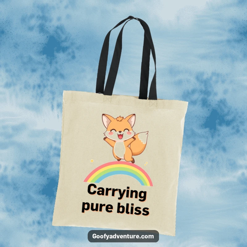 Funny fox rainbow leap tote bag with a happy fox mid-leap over a bright rainbow, symbolizing joy and optimism.