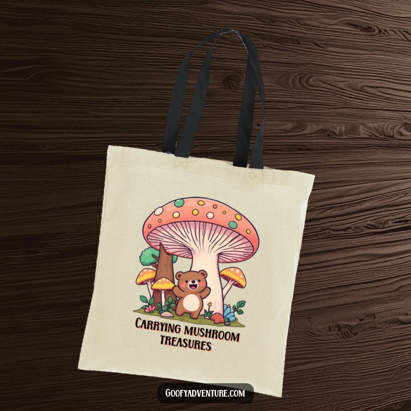 Funny Kawaii bear mushroom forest tote bag, excitedly exploring a colorful, giant mushroom landscape, perfect for adventurers.