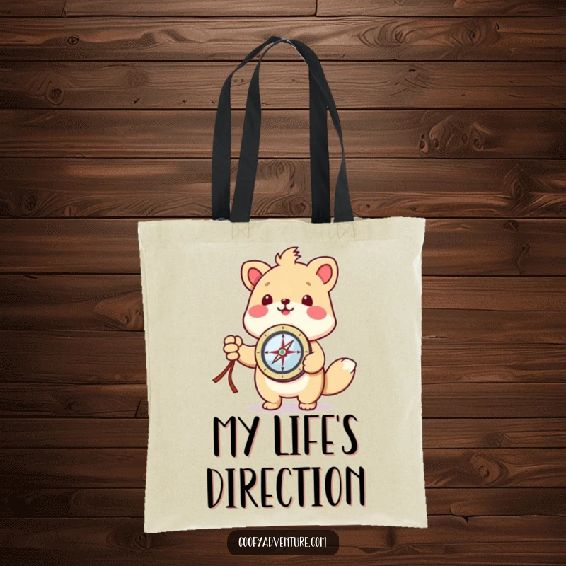 Funny kawaii animal character holding a compass and pointing the way, designed on a durable tote bag.