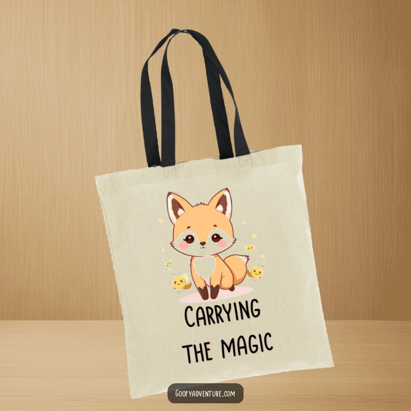 Funny kawaii fox leading a parade of tiny, smiling fireflies, printed on a durable and stylish tote bag.