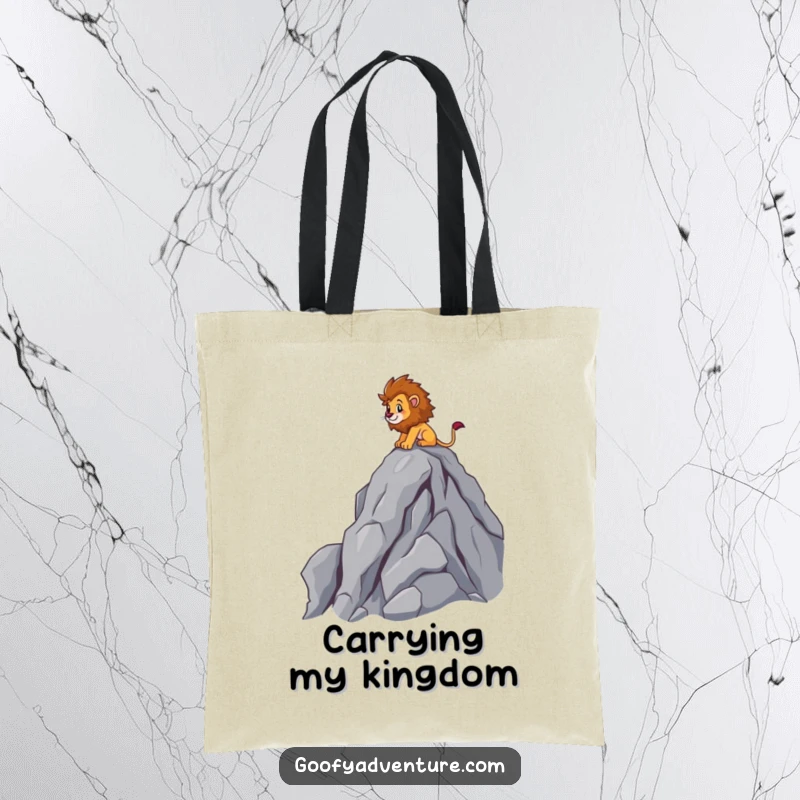 Funny brave lion character scaling a rocky mountain peak, sturdy tote bag, adventure theme, excellent funny gift.