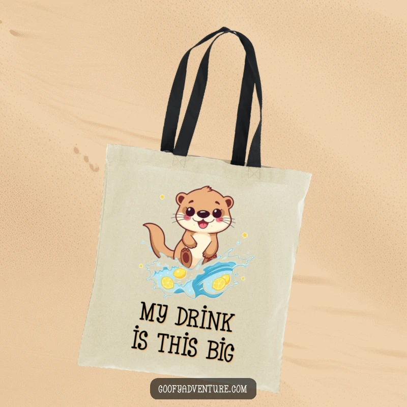 Funny otter character expertly riding a glistening wave of lemonade on a tote bag, ideal for market trips and errands.