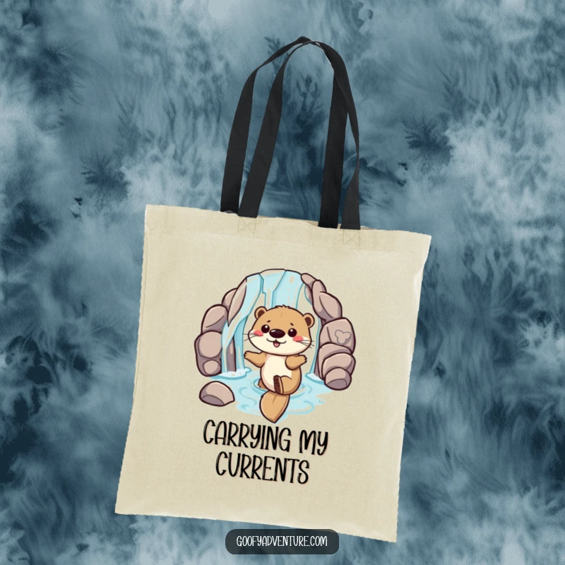 Funny tote bag featuring a playful otter sliding down a waterfall entrance, perfect for carrying essentials with aquatic fun.