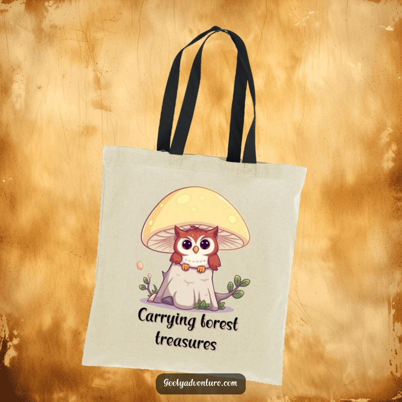 Funny tote bag with a curious owl character peeking from behind a large, glowing mushroom in a magical, mystical forest setting.