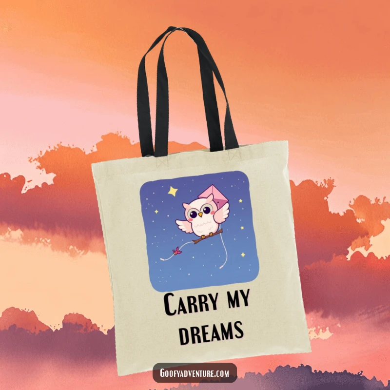 Funny kawaii owl character soaring on a kite through a starry night sky, designed on a practical tote bag.