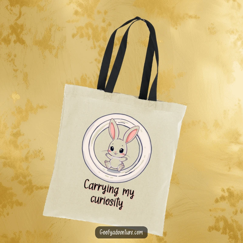 Funny durable tote bag with a curious rabbit character about to enter a swirling, colorful portal.