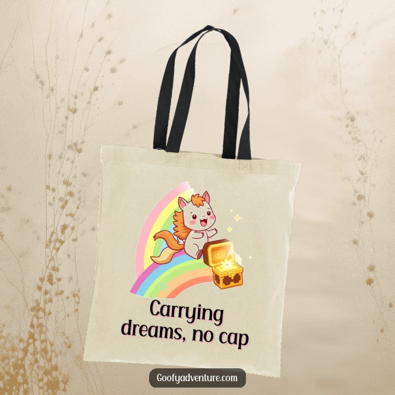 Funny tote bag with a joyful animal riding a galloping rainbow towards a sparkling treasure chest, perfect for carrying daily essentials with flair.