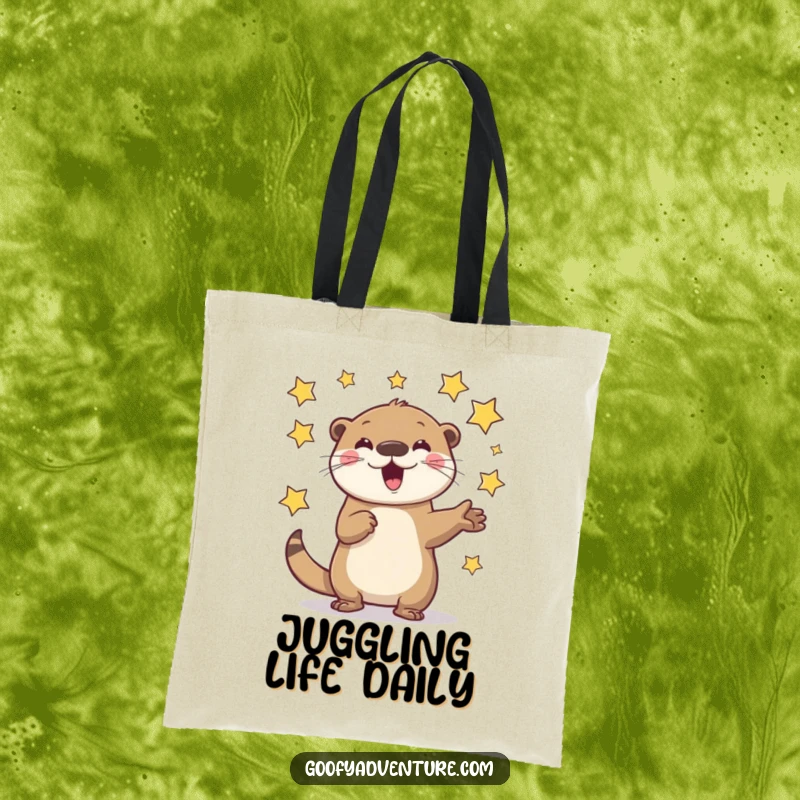 Funny Otter Tote Bag: A playful otter character enthusiastically juggling flying stars, ready for cosmic errands.