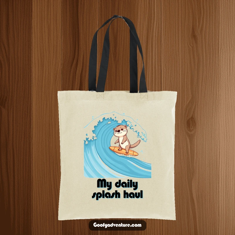 Funny durable tote bag with a happy otter on a surfboard, riding a gigantic crashing ocean wave.