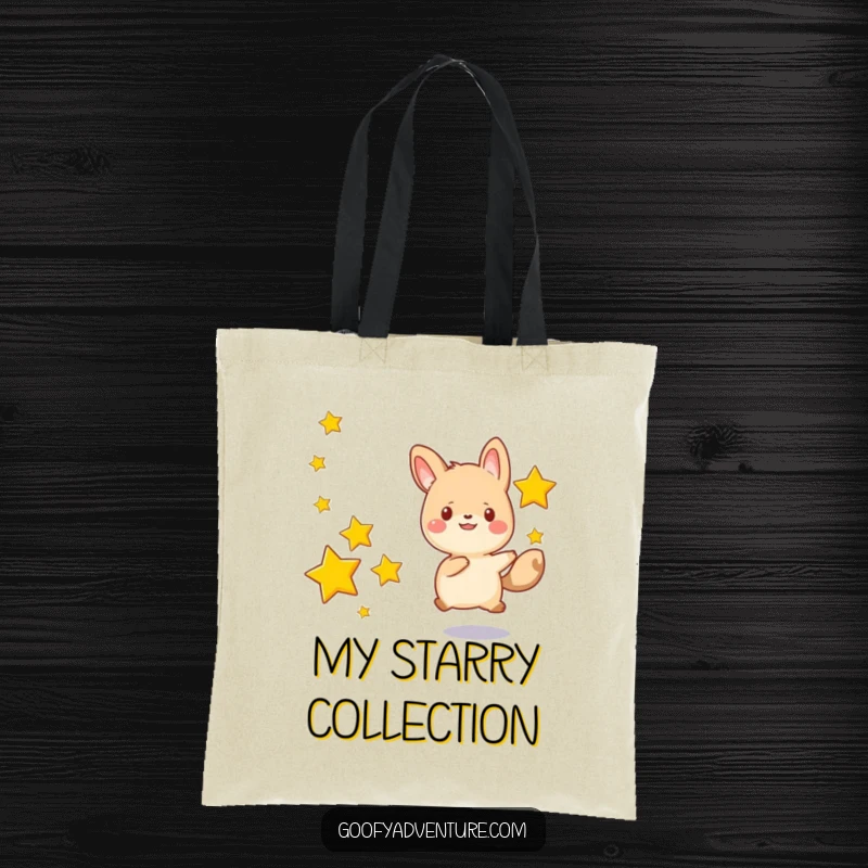 Funny kawaii animal character happily chasing after a series of drifting stars, a practical and humorous tote bag.