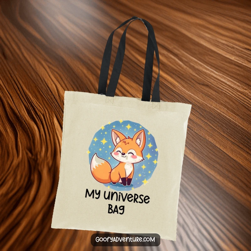Funny fox character exploring a starry galaxy on a durable tote bag, ideal for carrying treasures, funny gift.