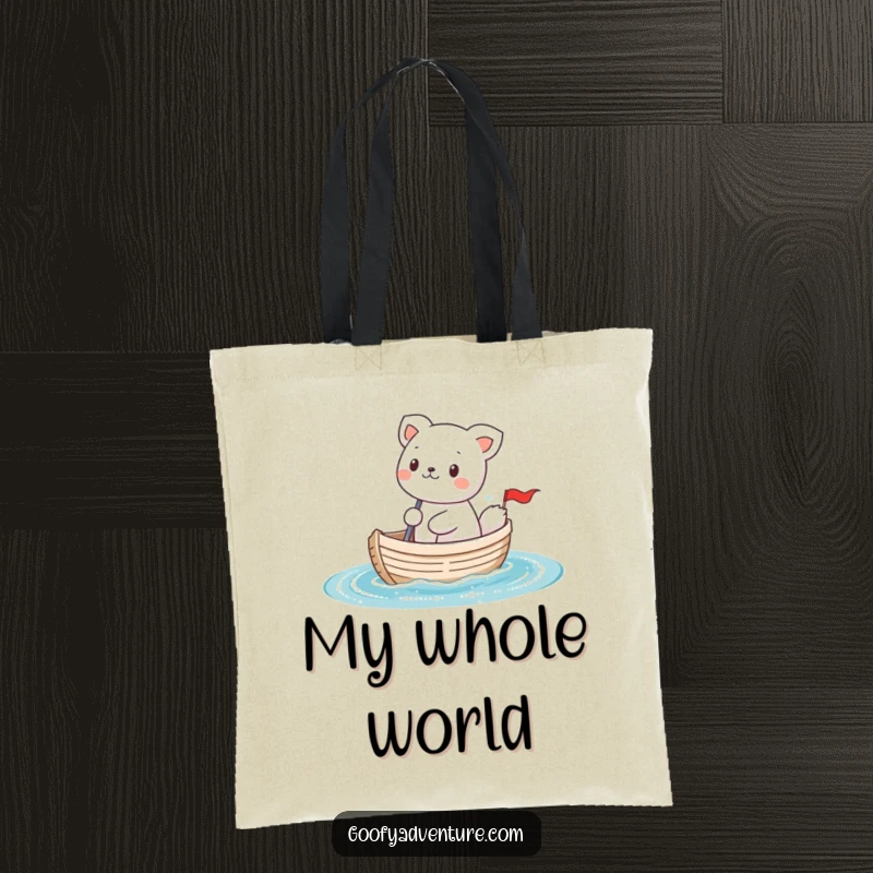 Funny kawaii animal character sailing a tiny boat on sparkly water, a practical and funny tote bag for everyday use.
