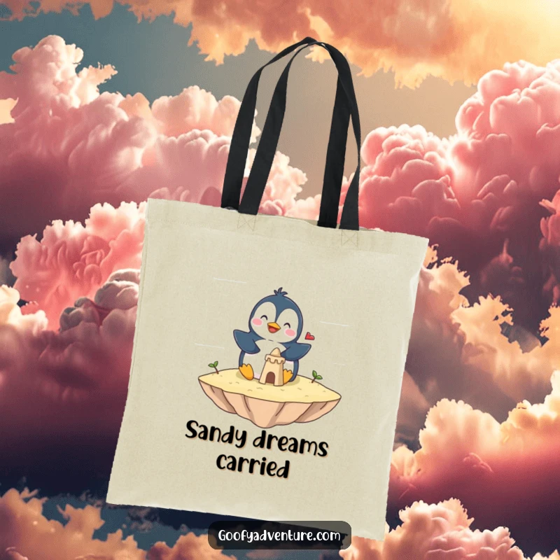 Funny penguin tote bag showing a giggling penguin building a sandcastle on a fluffy cloud island. Whimsical and practical.