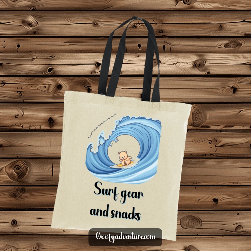Funny bear cub surfing tote bag with a cute cub attempting to ride a massive, splashing wave.