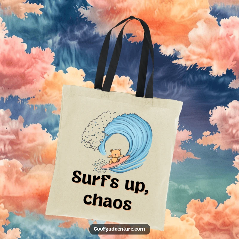 Funny bear cub humorously attempting to surf a massive ocean wave on a durable tote bag, perfect for beach trips.